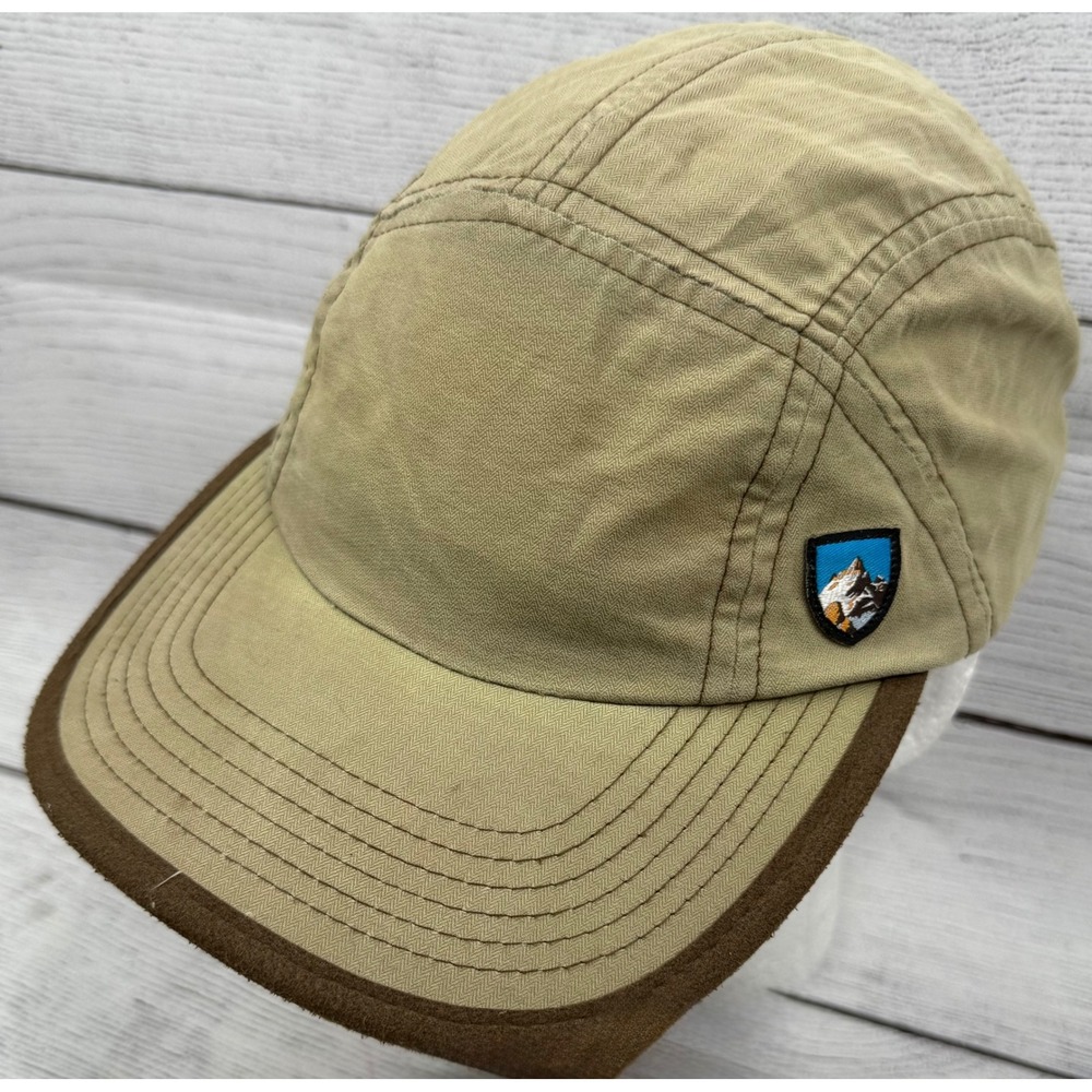 Kuhl Mens 5 Panel Hat Tan Herringbone Adjustable Strapback Mountain Logo Cap